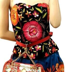 Embroidered Velvet Floral Corset Top Lace-Up Back Festival NWOT O/S